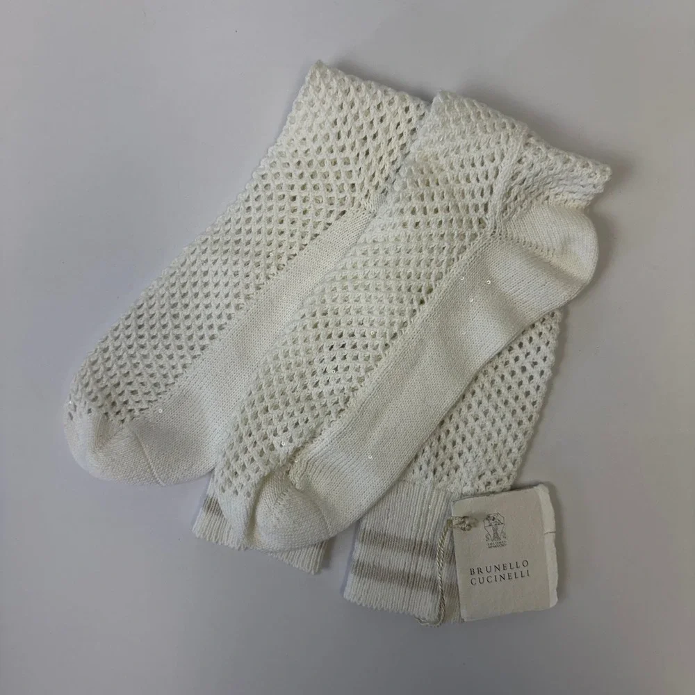 Brunello Cucinelli White Open Knit Sequin Socks MDV797989 Small NWT Made Italy